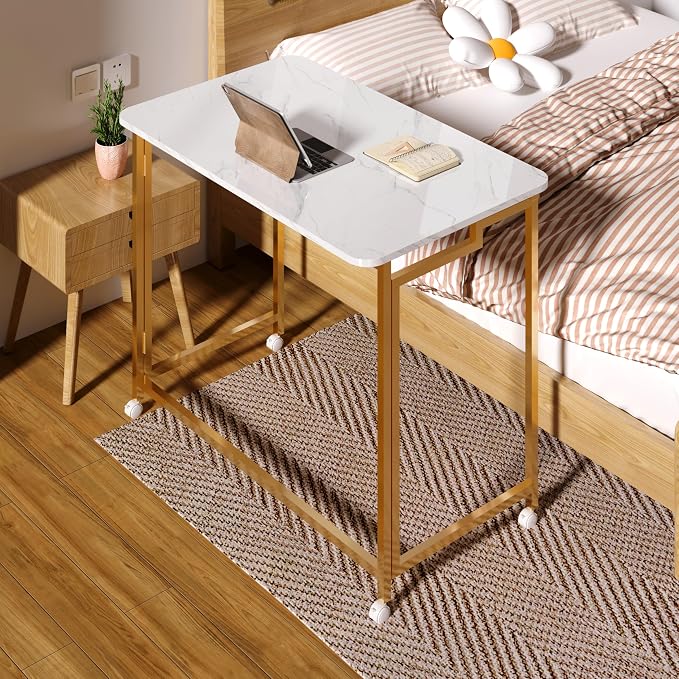 4NM 31.5" Mobile Small Rolling Computer Desk, Folding Laptop Cart Table with Wheels, Portable Office Desk for Small Space Couch Bed - White and Golden