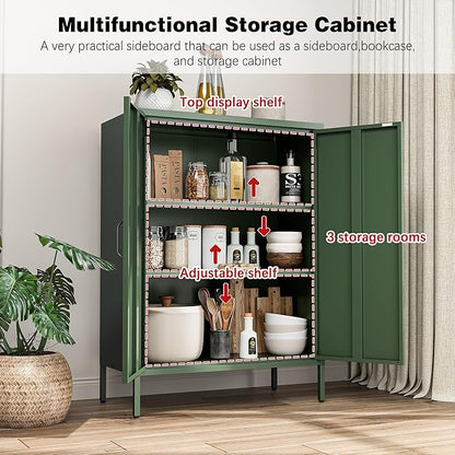 Bevivog Green Metal Locker Cabinet with 2 Doors, Metal Accent Cabinets with 2 Adjustable Shelves Home Office Storage Lockers Sideboard for Kitchen Living Room Hallway Entryway