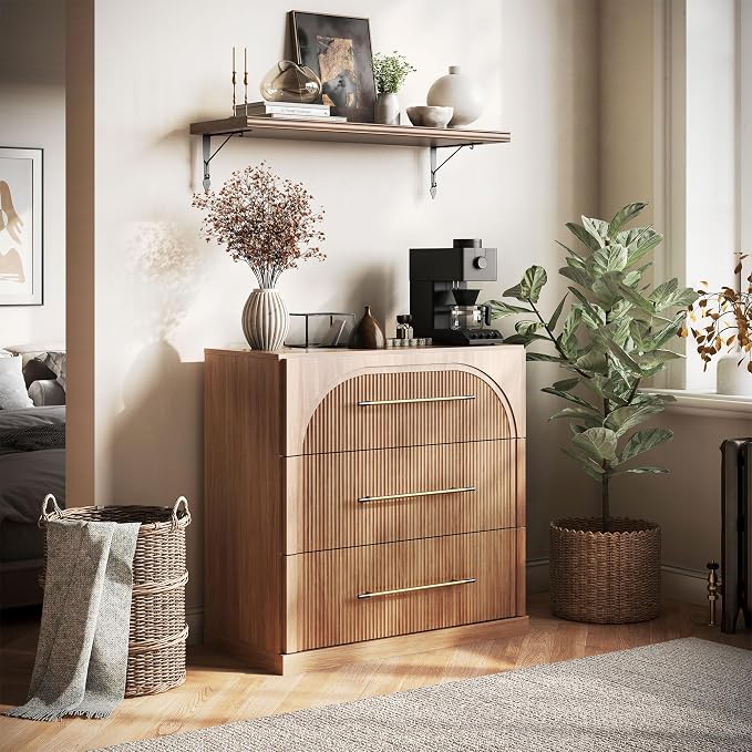 BELLEZE 32.5" Kitchen Storage Cabinet with 3 Drawers,Freestanding Accent Cabinet with Fluted Arched Design & Gold Handles,Modern Credenza for Living Room,Dining Room,Entryway - Camel
