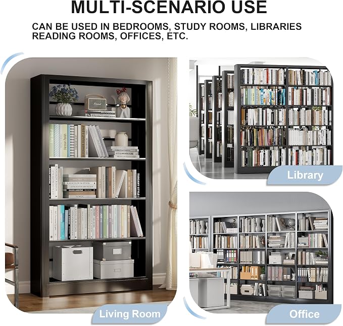 5-Tier Expandable Metal Bookshelf, 69"Heavy Duty Adjustable Shelves(Black) | Large,280LB Load Capacity Each Shelf,Industrial Sturdy Bookshelf,Easy Assembly,Wide/Tall/Deep Bookcase