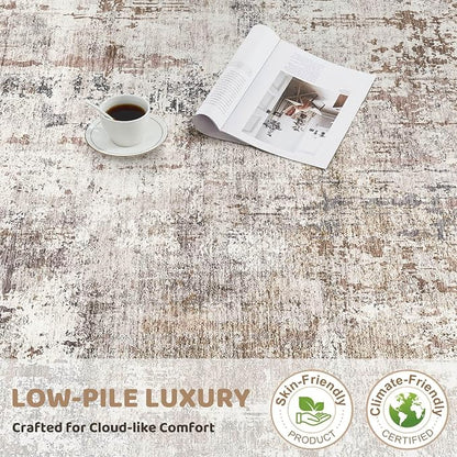 UERMEI Square Area Rugs : Washable 6x6 Neutral Modern Abstract Carpet for Living Room Bedroom - Soft Floor Mat with Non Slip Backing for Kitchen Nursery Dorms Farmhouse Home Decor - Brown/Grey/Red