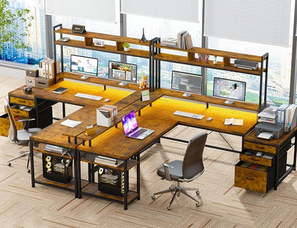 EnHomee 64 x 60 Inch Reversible L Shaped Gaming Desk with Shelves, 3 Drawers, Power Outlet & LED Lights, Two Person Corner Computer Desk with Monitor Stand for Home Office, Bedroom, Gaming Room