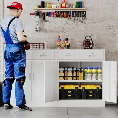 Locking Storage Cabinet, 36" H Metal Storage Cabinet, Metal Garage Storage Cabinet for Home, School, Office, Garage, White