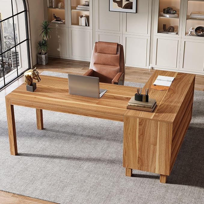 Tribesigns 59-Inch L-Shaped Desk with File Cabinet & Shelves, Brown | Executive Office Desk with Storage, Wooden Computer Writing Desk Corner Desk for Home Office