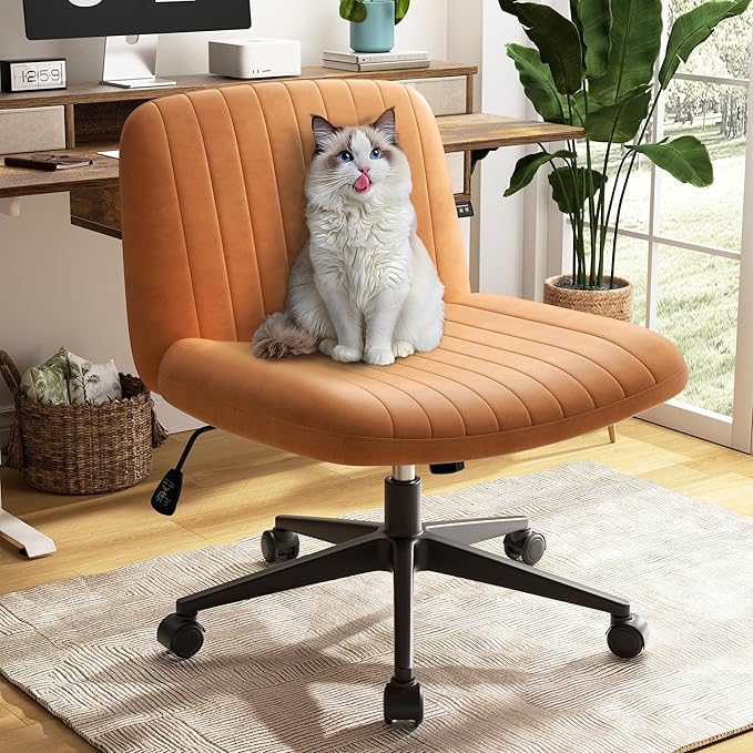 SUNLEI Cross Legged Office Chair with Wheels, Armless Wide Chair's for Vanity Desk, Criss Cross Comfy Chairs with Back, Desk Chair/s of Height Adjustable Swivel, Orange & Leather