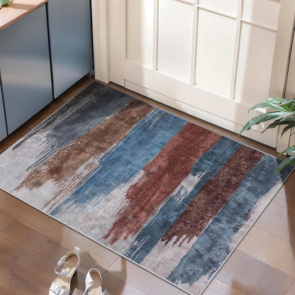 Ciicool Modern Abstract Area Rug 2x3 Washable Small Entryway Rugs,Blue Brown Non-Slip Low Pile Throw Entry Rug, Foldable Kitchen Bathroom Rugs Floor Carpet for Entrance Bedroom Indoor Doormat