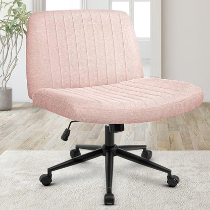 Orange Factory Criss Cross Chair Wheels Wide Cross Legged Office Desk Vanity Dual Base Comfy Fabric Armless Adjustable Swivel for Home Computer Task (Pink Dual Base, Fabric)