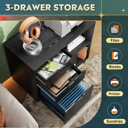 DEVAISE 3-Drawer Wood File Cabinet, Mobile Lateral Filing Cabinet, Printer Stand with Open Storage Shelves for Home Office, Black