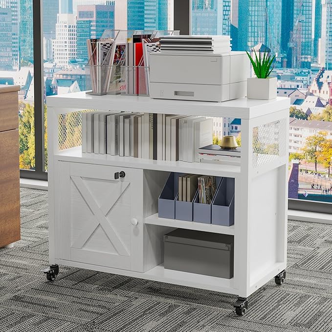 FUSUNBAO Farmhouse Printer Stand with Storage, Rolling Printer Cabinet with Shelves, Charge Station, Wheels, and File Cabinet for Home Office Storage (White)