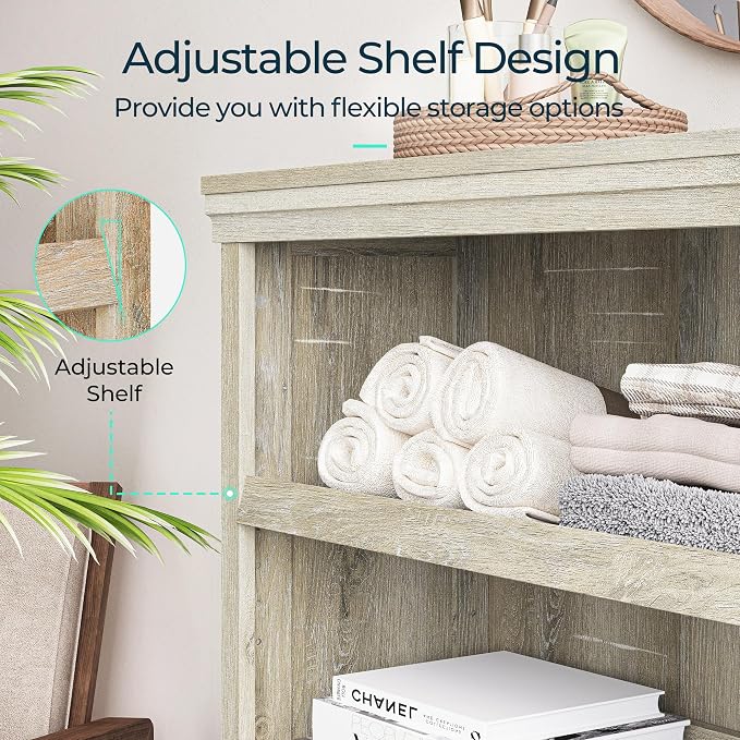 LINSY HOME 3-Tier Bookshelf, Small Wood Display Storage Shelves Farmhouse Bookshelf for Home Office, Living Room, Bed Room - Washed Grey