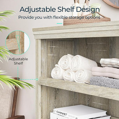 LINSY HOME 3-Tier Bookshelf, Small Wood Display Storage Shelves Farmhouse Bookshelf for Home Office, Living Room, Bed Room - Washed Grey