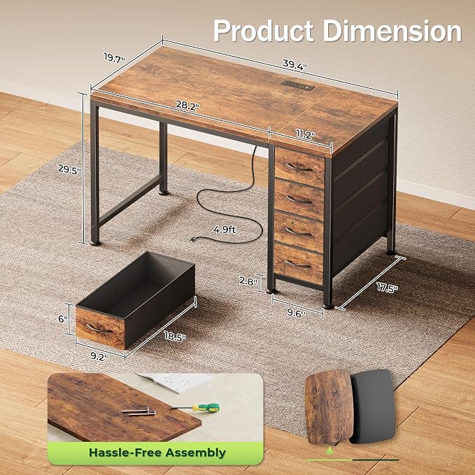 PRAISUN 39.4 Inch Computer Office Desk with Power Outelts and USB-C Port, Reversible Gaming Desk with 4 Fabric Drawers, Work Study Desk Work from Home, Rustic Brown