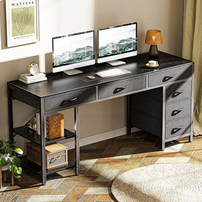 Huuger Computer Desk with 6 Drawers, Office Desk with Shelves, Reversible Gaming Desk, Corner Desk with Storage, Work for Home Office, Study, Living Room, 54inch, Black