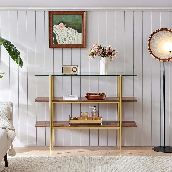 LumFurn Glass Console Table for Living Room, Foyer & Entrance, H41 x W14 x H31inch, 3-Tier Mid-Century Modern Sofa Table with Clear Glass Top, Walnut Finish Wood Shelf and Gold Finish Frame