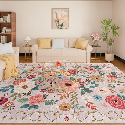 DUKINO 9x12 Area Rug, Floral Rugs for Living Room, Lightweight Non Slip Washable Rug, Indoor Low Pile & Non-Shedding Boho Design Rugs for Bedroom, Living Room, Dining Room, Beige