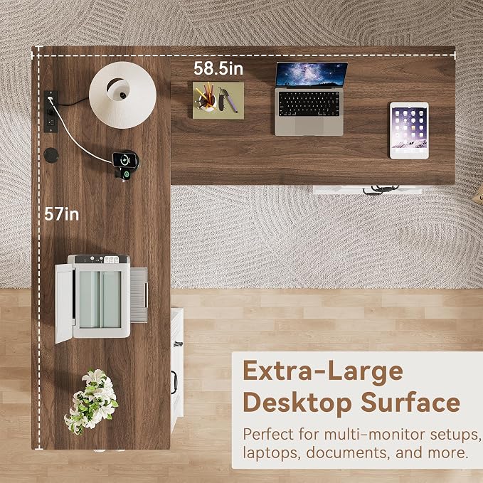 Farmhouse L Shaped Executive Desk with 4 Drawers and Charging Station, Wood Corner Home Office Computer Desk with File Cabinet Storage, Hidden Under Desk Storage Shelf, Headphone Hook - Brown+White