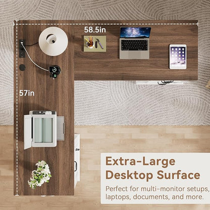 Farmhouse L Shaped Executive Desk with 4 Drawers and Charging Station, Wood Corner Home Office Computer Desk with File Cabinet Storage, Hidden Under Desk Storage Shelf, Headphone Hook - Brown+White
