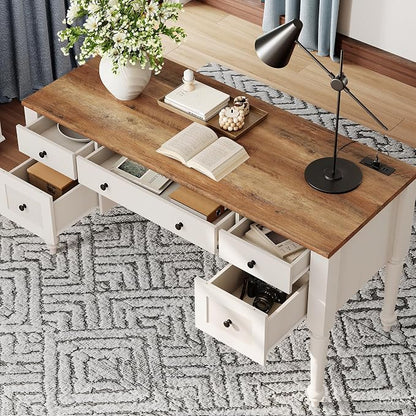 WAMPAT Home Office Furniture Set, 56" Executive Desk with Charging Station, 2-in-1 Cabinet with 4 Doors and 2 Drawers, Wood Computer Desk with File Cabinet Storage, Open Shelf, White
