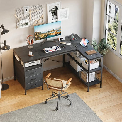 MUTUN L Shaped Computer Desk with 3 Drawers & Power Outlets, 47 Inch Corner Desk with Reversible Storage Shelves, PC Table for Home Office Bedroom (Black, 47 Inch)