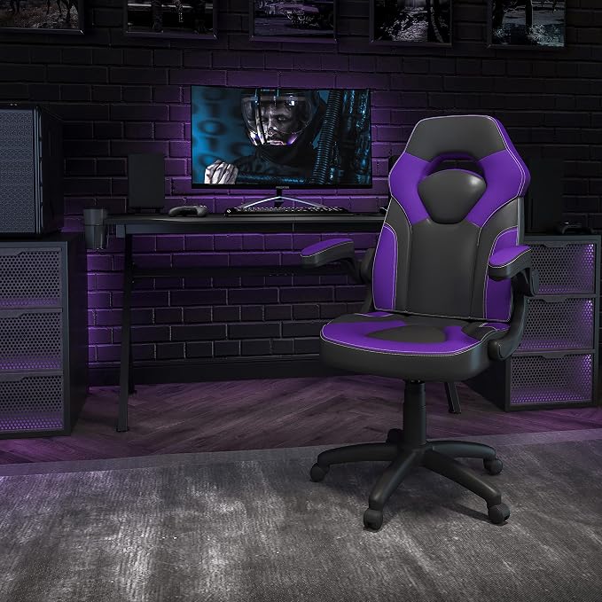 Flash Furniture X10 Gaming Chair Racing Office Ergonomic Computer PC Adjustable Swivel Chair with Flip-up Arms, Purple/Black LeatherSoft