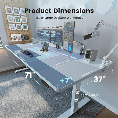 FEZIBO 71 x 37 Inch Standing Desk with Integrated Dual-Beam, Cable Management, 3 Memory Height Adjustable Computer Desk for Home Office Workstation, 1" Thick Large 3-Piece Desktop White