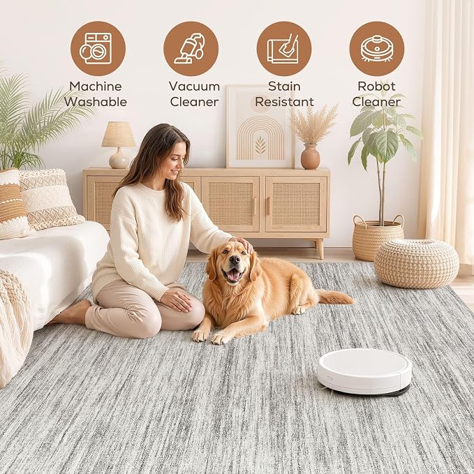 Nakagishi 6X8 Area Rugs Living Room: Washable Large Vintage Rug Neutral Non-Slip Soft Stain Resistant Indoor Carpet for Bedroom Nursery Dining Room Office Playroom - Grey