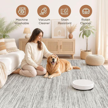 Nakagishi 7X9 Area Rugs Living Room: Washable Large Vintage Rug Neutral Non-Slip Soft Stain Resistant Indoor Carpet for Bedroom Nursery Dining Room Office Playroom - Grey