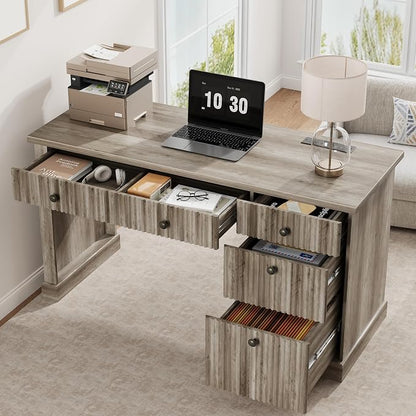 Garvee Fluted Home Office Desk with File Drawer, 54" Modern Executive Desk with Charging Station, Wooden Computer Writing Desk for Home Office, Study Room, Grey
