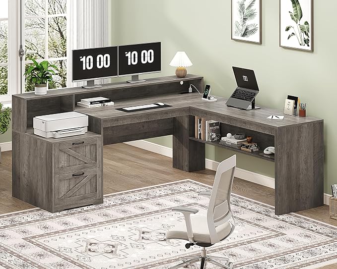 YOMILUVE Farmhouse 63" L Shaped Desk with Drawers, Home Office Desks with Storage Shelves and Printer Stand, Corner Computer Desk with Power Outlets and Monitor Stand,Grey