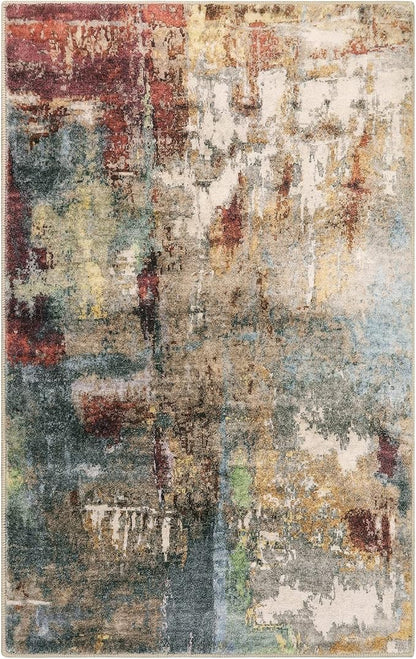 Lahome Modern Abstract Area Rug - 3x5 Washable Bedroom Rug Soft Throw Entry Mat Non-Slip, Contemporary Faux Wool Stain Resistant Floor Carpet for Living Room Kitchen Chair Door,Red/Multi