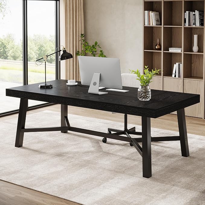 Tribesigns 71-Inch Executive Desk, Farmhouse Office Computer Desk with Sturdy Leg Structure, Rectangular Writing Table Business Furniture for Home Office, Black