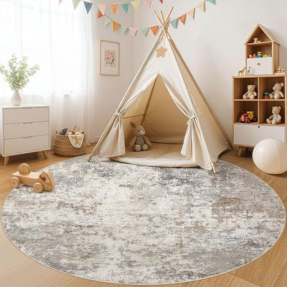 UERMEI 8ft Round Area Rug Living Room Rugs - 8x8 Washable Neutral Modern Abstract Soft Thin Rug Indoor Floor No Slip Rug Carpet for Bedroom Under Dining Table Home Office Decor - Brown Grey
