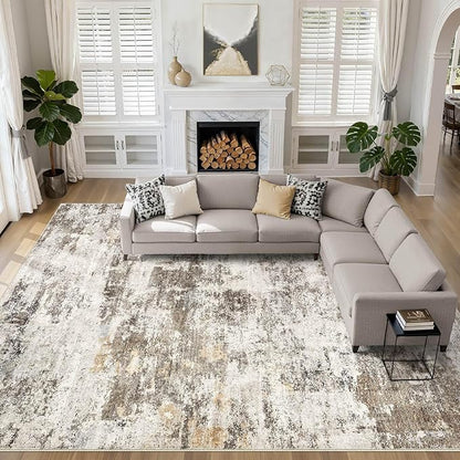 10x14 Area Rugs Living Room: Washable Large Abstract Neutral Modern Soft Rug Stain Resistant Indoor Floor Non-Slip Accent Carpet for Bedroom Nursery Playroom Dining Room Office Dorm Home- Brown Yellow
