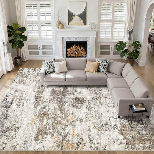 10x14 Area Rugs Living Room: Washable Large Abstract Neutral Modern Soft Rug Stain Resistant Indoor Floor Non-Slip Accent Carpet for Bedroom Nursery Playroom Dining Room Office Dorm Home- Brown Yellow