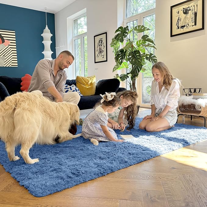 OLANLY 5x7 Machine Washable Large Area Rugs for Living Room, Bedroom, Soft Fluffy Shaggy Bedside Rug, Indoor Floor Carpet for Kids Girls and Boys, Dorms, Nursery, Home Decor Aesthetic, Blue