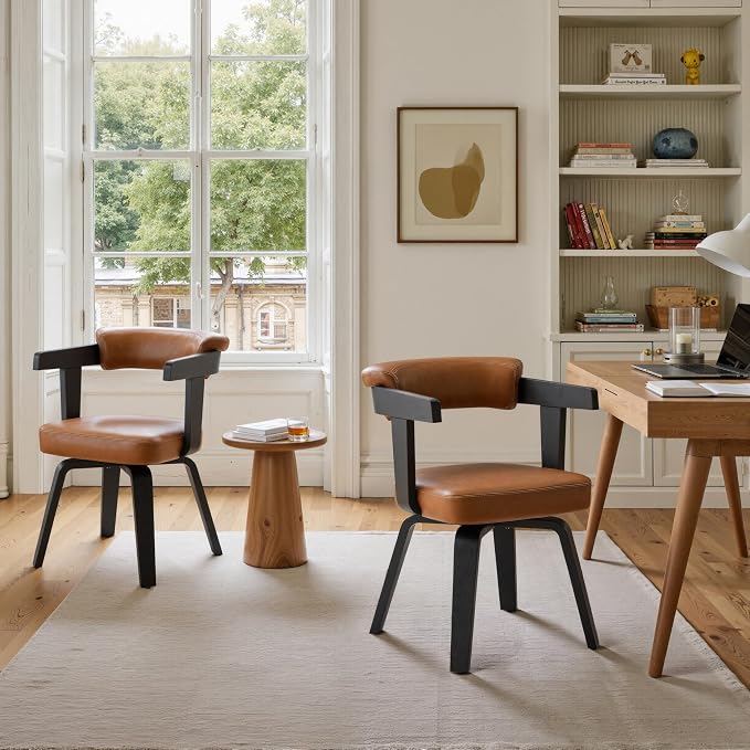 Art Leon Home Office Desk Chair - Mid Century Modern Chair, Faux Leather Office Chair No Wheels, Comfy Accent Arm Chair with Wood Legs for Small Spaces Living Room Bedroom Study, Black/Walnut