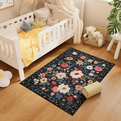 DUKINO 3x4 Area Rug, Lightweight Non Slip Washable Floral Rug, Indoor Low Pile & Non-Shedding Boho Design Carpets for Bedroom, Kitchen, Dining Room, Black