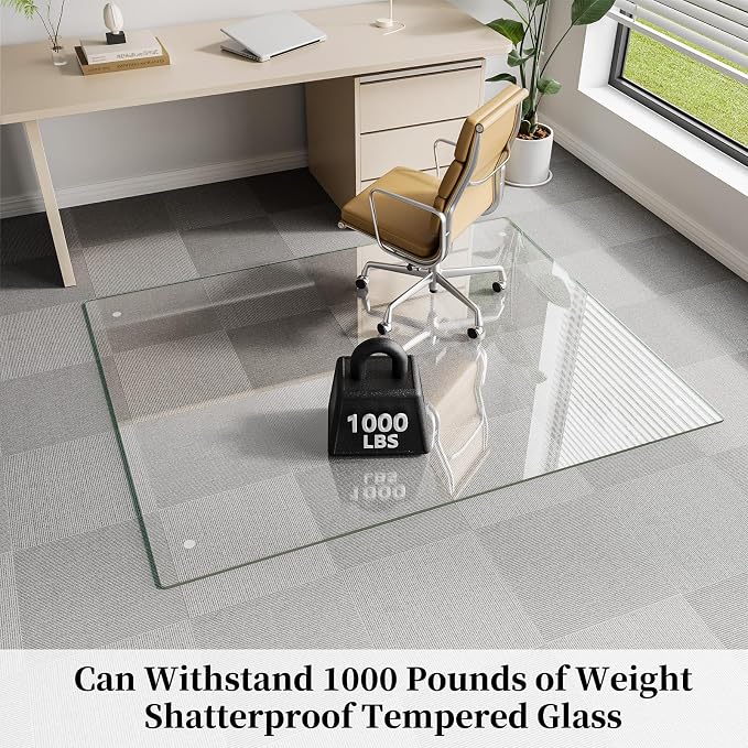 Glass Chair Mat 51" x 63" Heavy Duty Tempered Glass Office Chair Mat, Glass Floor Mat with Round Corner and Polished Edge for Smooth Glide, Office Chair Mat for Carpet, Hardwood Floor