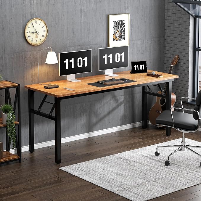 Need Folding Computer Desk, Large 62 inches Folding Table for Home Office, No Install Needed Foldable Writing Table Long Desk, Space-Saving, Teak and Black