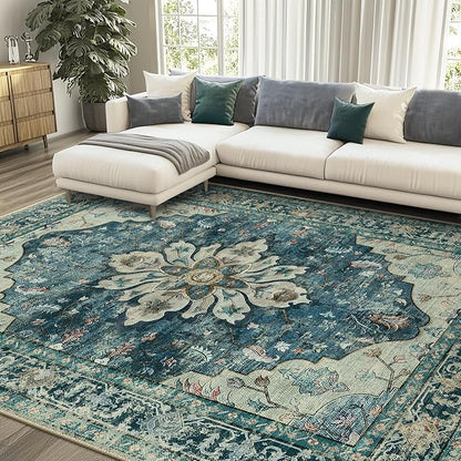 RELEANY Area Rugs 7'x10' Washable Non-Slip, Floral Vintage Distress Medallion Carpet for Living Room Bedroom Dining Room, Dark Blue Vintage