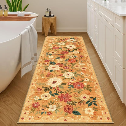 DUKINO 2x6 Runner Rug for Hallway, Washable Kitchen Runner Rug with Non Slip Backing, Low Pile Soft Boho Floral Runner for Kitchen, Hallway, Entryway, Laundry, Bedroom, Orange