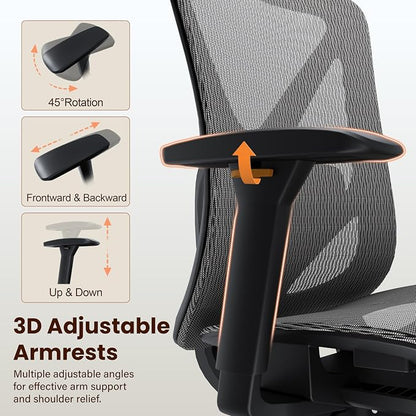 Ergonomic Office Chair, Mesh Computer Desk Chairs with Adjustable Lumbar Support, 3D Armrest, Tilt Function, Comfy Wide Seat, Executive Work Task Chair for Company & Home, Gaming Chair (Grey)