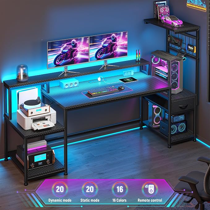 DurayLoly 63" Gaming Desk with LED Lights & Outlets,Computer Desk with Drawers & Monitor Stand,Gaming Table with 3 Storage Shelves, Hooks& Printer Space for Game&Study Room,Home Office,Bedroom,Black