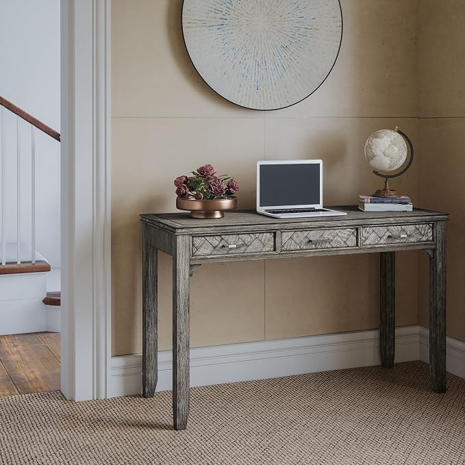 Jofran Mid-Century Modern Acacia Wood Writing Desk with 3 Drawers and USB Charging Port, 48 Inch Computer Desk for Home Office Work, Platinum
