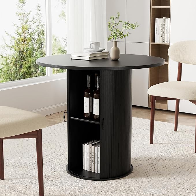 31.5 inch Round Dining Table for 2, Small Dinner Table with 2-Layer Storage Shelf, Morden Circle Kitchen Table with Wood Strip Base and Slide Door for Home Dining Room, Living Room, Black