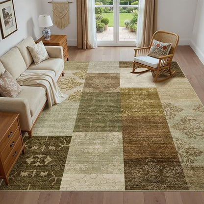 UERMEI 9x12 Area Rug for Living Room - Washable Neutral Modern Abstract Carpet, Non-Slip Soft Large Indoor Floor Rugs for Bedroom Home Office & Under Dining Table Decor, Brown/Green