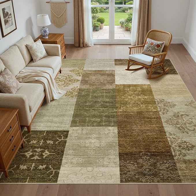 UERMEI 6x9 Area Rug for Living Room - Washable Neutral Modern Abstract Carpet, Non-Slip Soft Large Indoor Floor Rugs for Bedroom Home Office & Under Dining Table Decor, Brown/Green