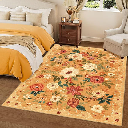 DUKINO 9x12 Area Rug, Floral Rugs for Living Room, Lightweight Non Slip Washable Rug, Indoor Low Pile & Non-Shedding Boho Design Rugs for Bedroom, Living Room, Dining Room, Orange