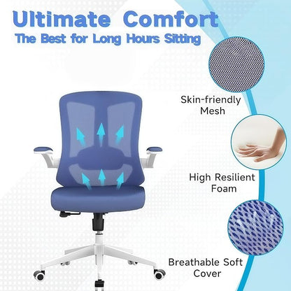 Ergonomic Office Chair - 350LB Comfy Desk Chairs with Lumbar Back Support, Mesh Computer Chairs with Wheels and Arms for Home Office, Study (Blue-Without Headrest)