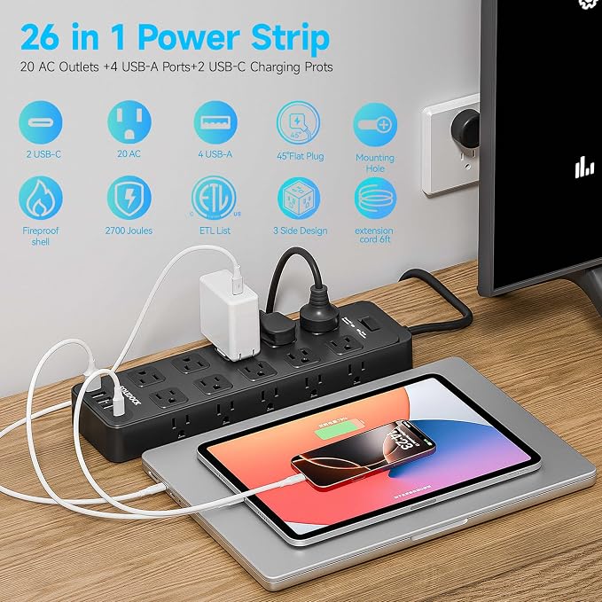 20AC Power Strip with USB Ports, Heavy Duty Surge Protector Power Strip 15 Amp, 6Ft Extension Cord with Multiple Outlets